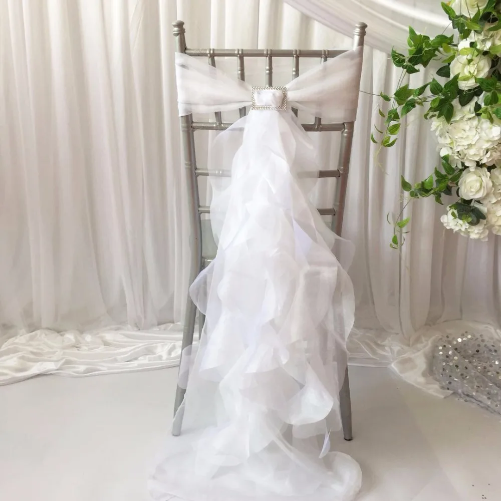 100 Pcs White Organza Ruffles Chair Sash With Buckle For Elegance