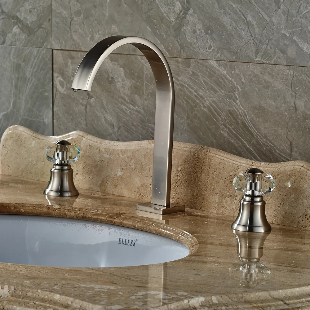 

High Spout Style Bahtroom Sink/Tub Faucet With 2-Crystal Handles Nickel Brushed