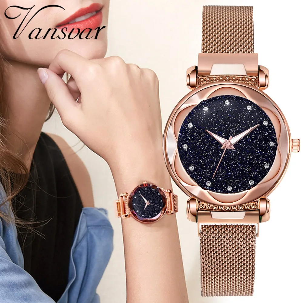 

Luxury Diamond Rose Gold Watch Women Magnet Starry Sky Ladies Wrist Watches Rhinestone Flower Mirror Female Clock reloj muj
