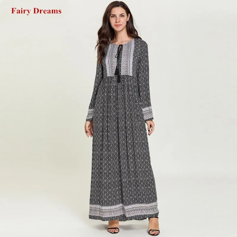 

Print Muslim Dress Long Sleeve Women Dubai Abaya Robe Turkish Turkey Bangladesh Kaftan Moroccan Arabic Plus Size Islamic Clothes