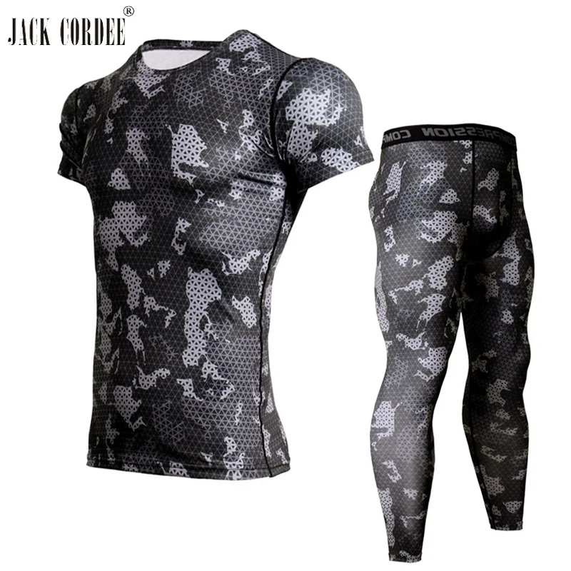 

Mens Sets Bodybuilding Camouflage Compression Shirts and Leggings Exercise Workout Skin Tight T Shirt Brand Clothing