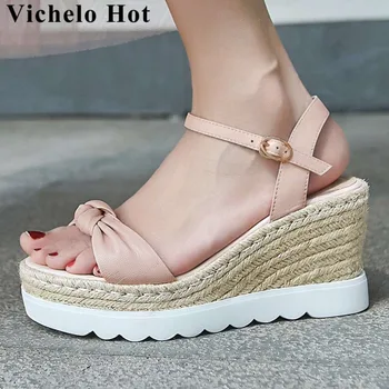 

Vichelo Hot sheep leather wedges platform butterfly-knot buckle strap women sandals peep toe beauty girl travel summer shoes L22