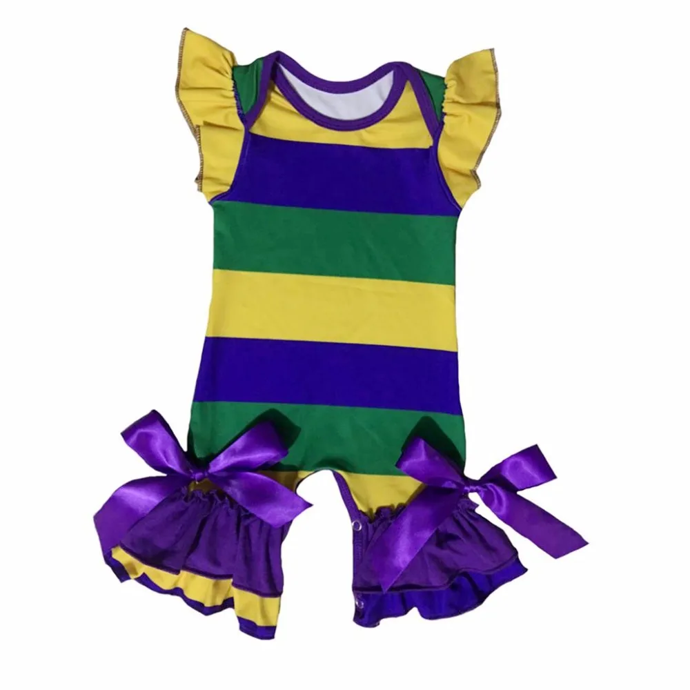 Фиолетовый, зеленый, золотой цвет Пользовательские печати Одежда для младенцев шелк молочный комбинезон детские пижамы для Нового Орлеана Mardi Gras праздник