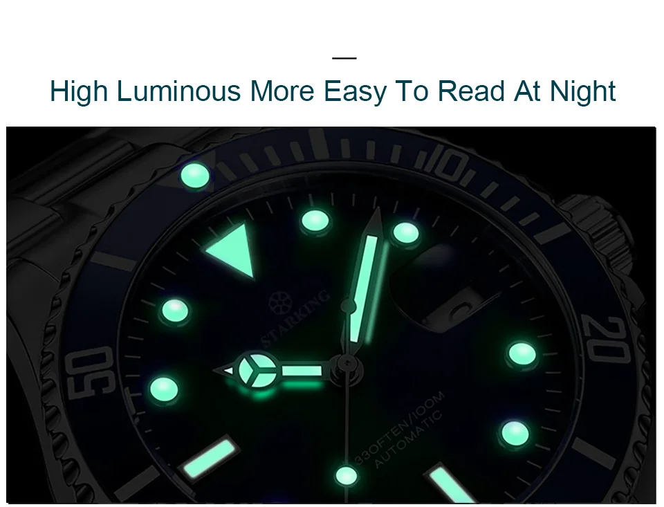 STARKING мужские часы 100 м водостойкие часы с зеленым призраком модные механические часы с автоматической датой светящиеся наручные часы