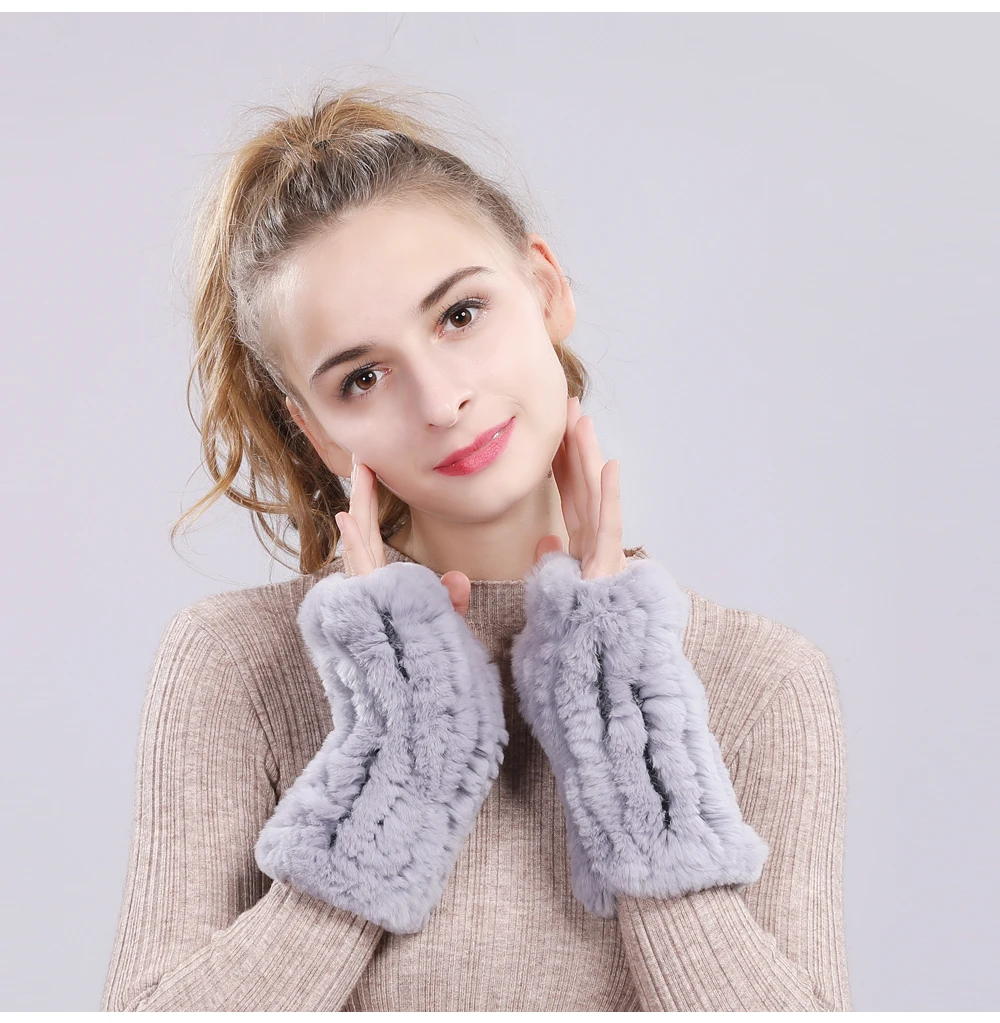 Good Elastic Women Real Genuine Knitted Rex Rabbit Fur Fingerless Gloves Mittens Warm Natural Rex Rabbit Fur Gloves