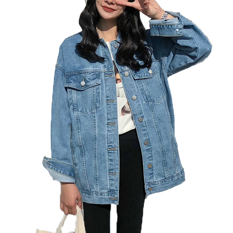 

2019 Solid Blue Women Turn-down Collar Jean Jacket Loose Casual Lady Coats Female Outwear Denim Feminine Chaqueta Mujer