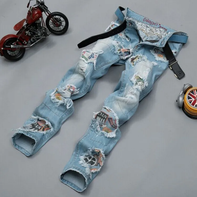 Fashion Designed Hole Worn Ripped Trousers Retro Skinny Jeans Men Full Length Straight Slim Pants Purified