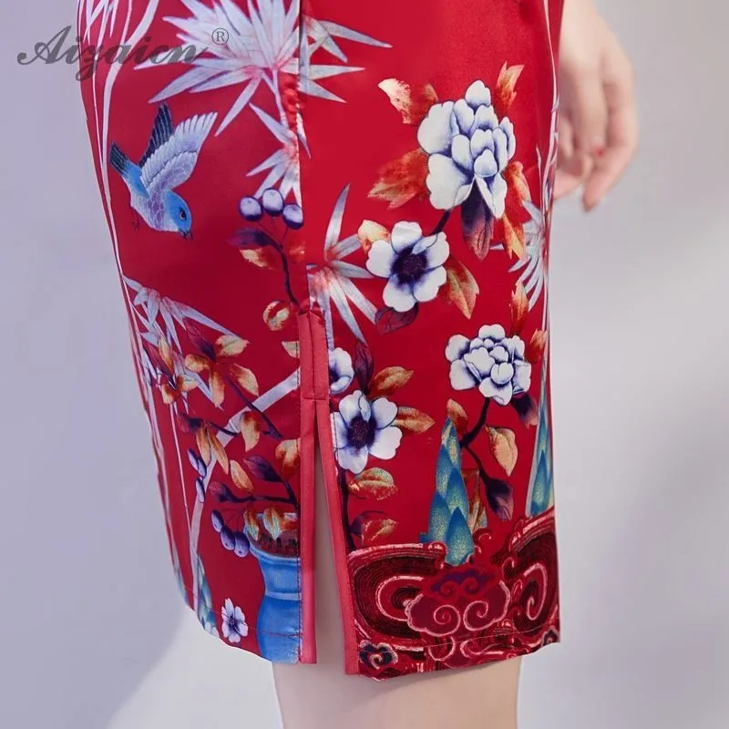 Модные Красные Элегантные короткие Cheongsam Современные платья с принтом Qi Pao Женская Китайская традиционная одежда аналогичное шелковое