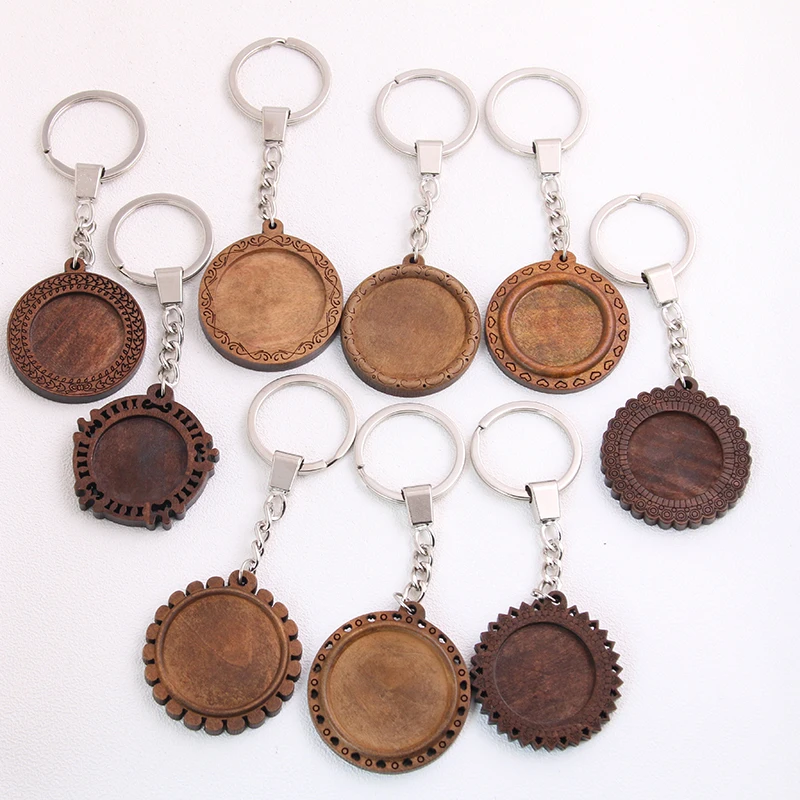 

1pcs Round Wood Cabochon Settings Metal Keyring Accessories Diy Blank Wooden Base Trays For Silver Key Chain