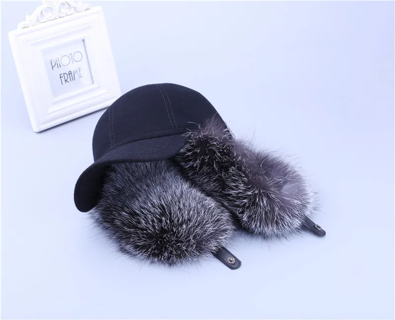 Real Fox Raccoon Fur Trim Cashmere Wool Blend Baseball Caps Earmuffs Cap Beanie