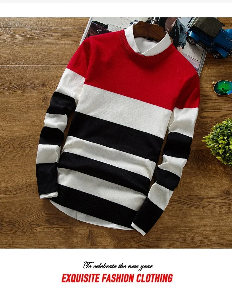 2019 новый весенне-осенний модный мужской пуловер Свитера с длинными рукавами с круглым вырезом в полоску вязаный кашемировый мужской