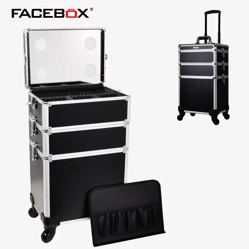 

Aluminum Trolley Cosmetic Nail box with trolley and wheels lighted trolley beauty Box multi makeup case
