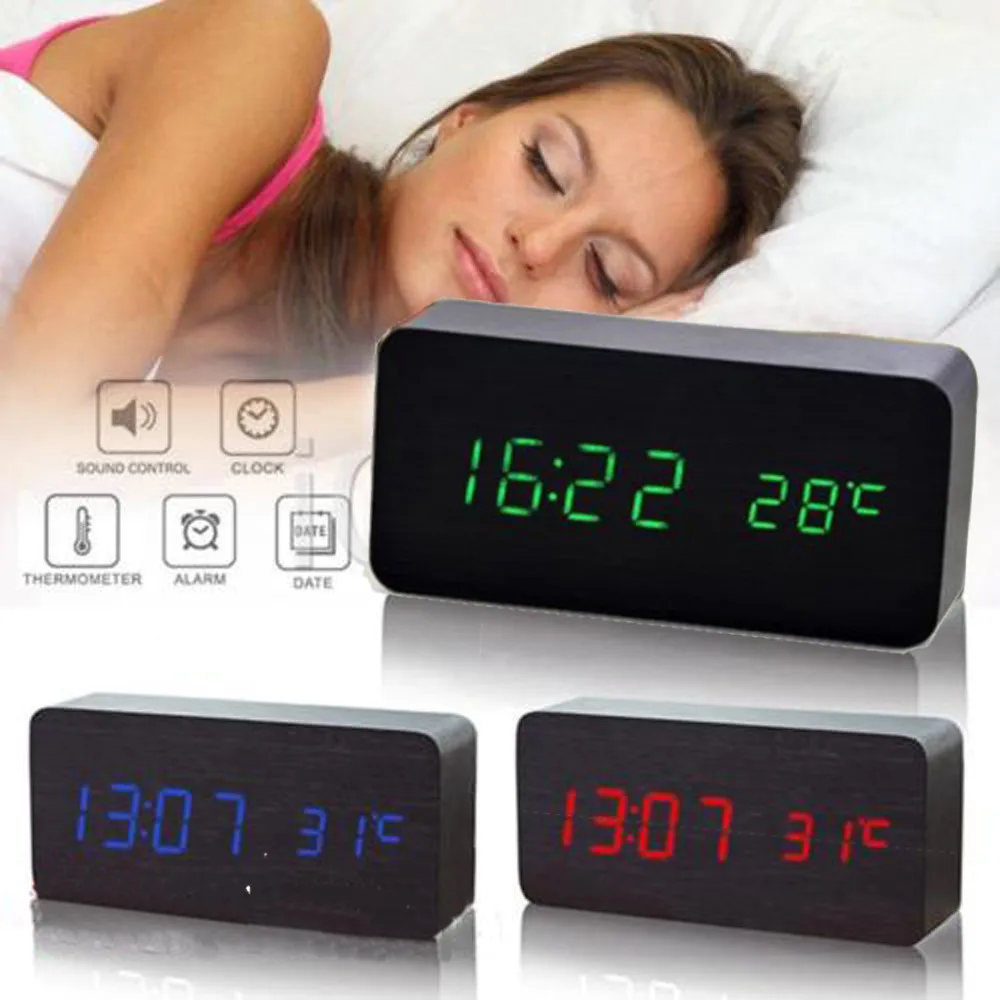 

Newest Wooden LED Digital Alarm Clock Voice Control Calendar Thermometer USB Home Kitchen Office decoration creative clock 2019