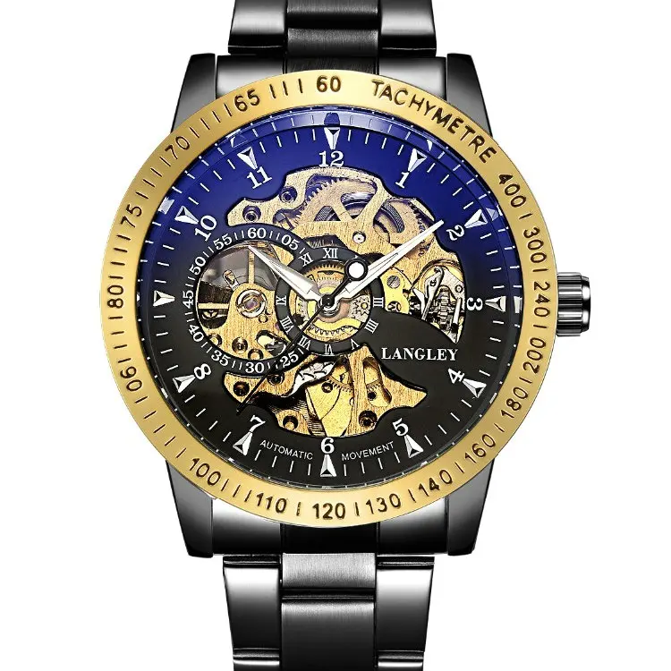 Роскошные мужские автоматические механические часы мужские из нержавеющей стали Скелет Ретро часы модные мужские деловые наручные часы - Цвет: Black Gold Black