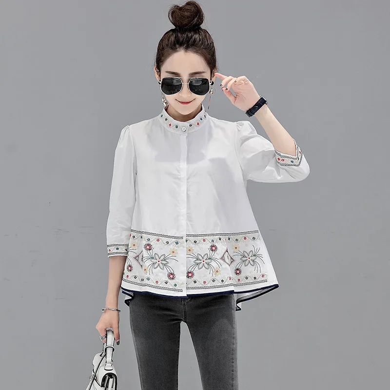  2019 summer new women blouse and white shirts embroidery loose half sleeved lady elegant outwear co