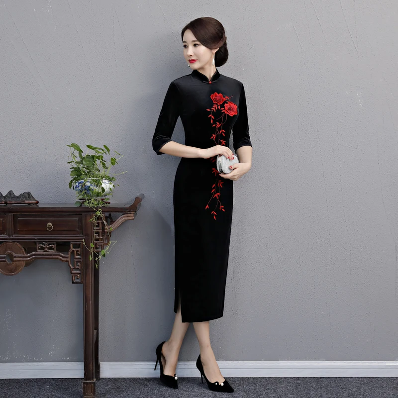 Primavera Il 5xl Vestido Nero Mandarino Lungo Di Da Collare S Cinese blu Cheongsam Vestiti Qipao viola Size Moda Sottile Del Plus Velluto Donne rosso Delle Partito Vestito Stile SnYx7B