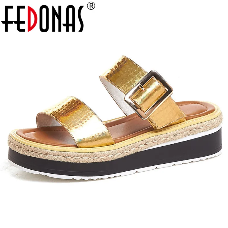 

FEDONAS 2019 Summer New Fashion Solid Genuine Leather Slip On Platforms Women Sandals Casual Shoes Woman Rome Women Wedges Shoes
