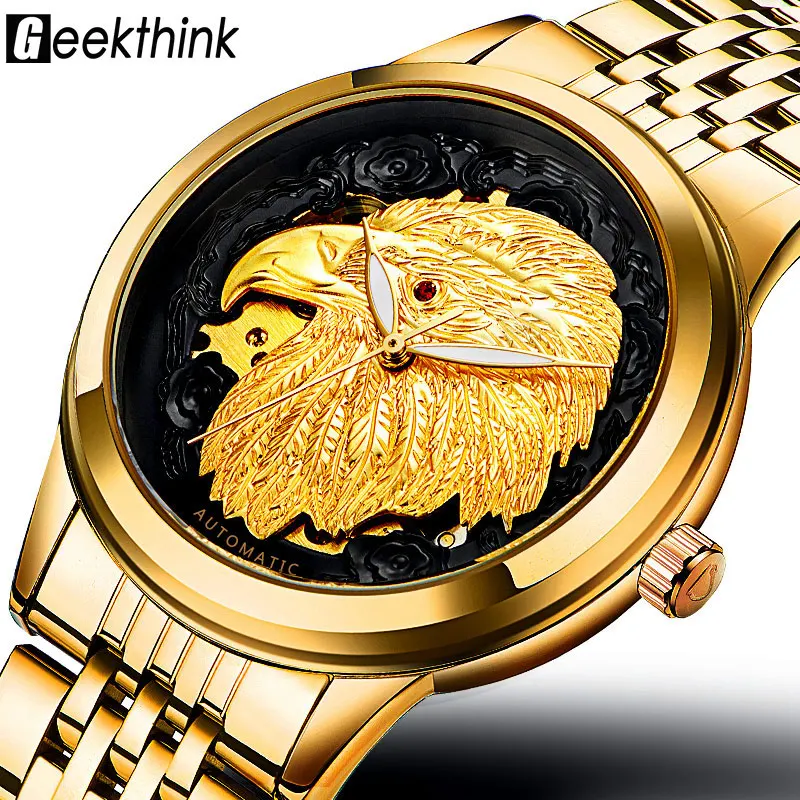 

Luxury Eagle head Skeleton Automatic Mechanical Watches Men Wrist Watch Stainless Steel Strap Gold Clock Waterproof Mens relogio