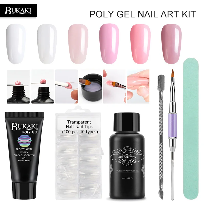 

BUKAKI 6pcs Poly Gel Nail Extension Sets Nail Polish Polygel Quick Builder Enhancement Camouflage LED UV Lacquer Brush Nail Tips