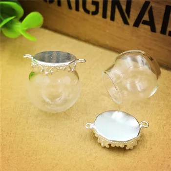 

100sets/lot silver color 20mmx15mm clear empty glass globe bottle with base set glass vial pendant glass dome cover