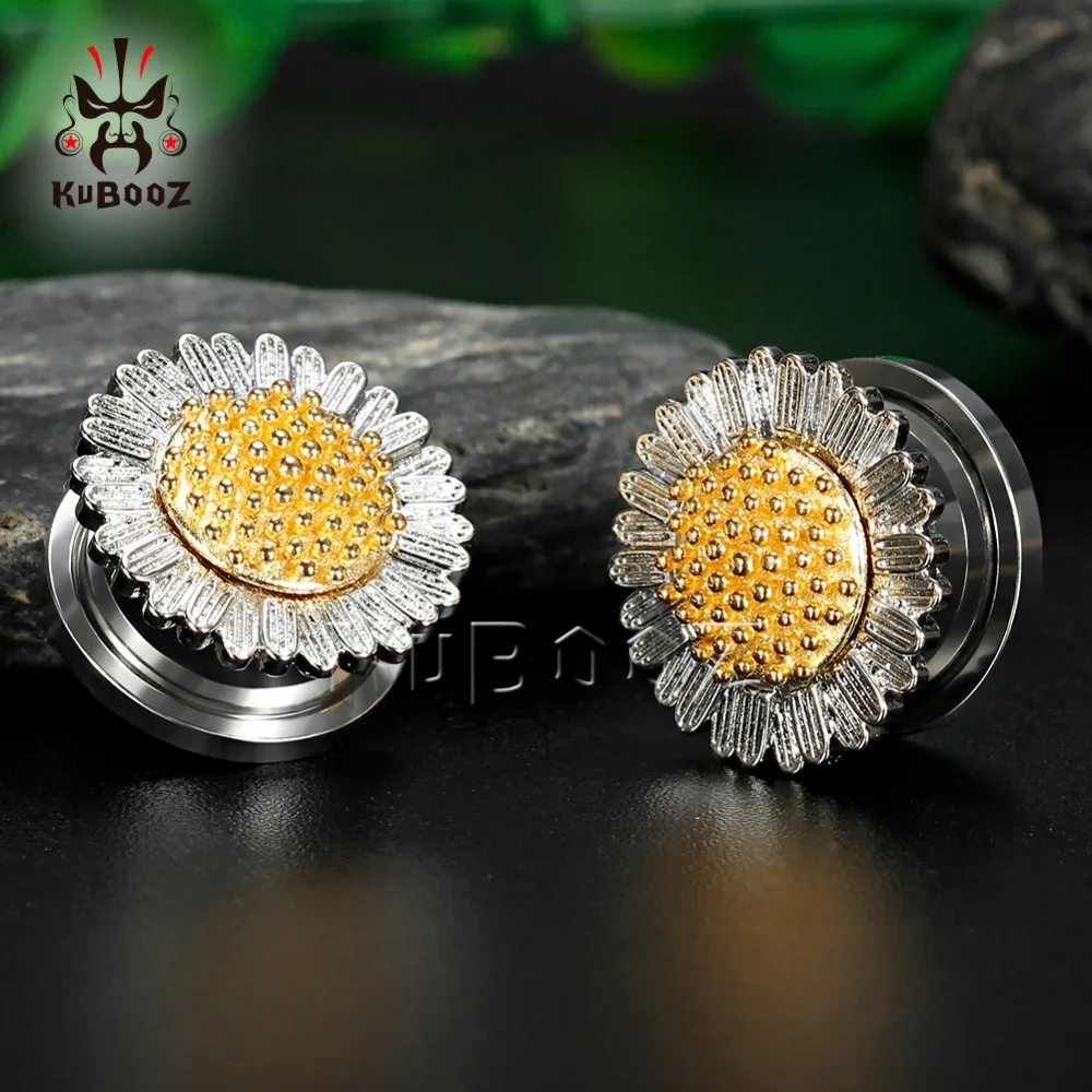 

Kubooz piercing screw back tunnels ear piercing sun flower plugs body jewelry stainless steel ear gauges pair jewelry 2 pieces