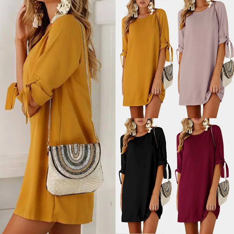 Elegant Women Bow Tie Mini Dress Ladies Party Beach Summer Casual Solid Loose Scoop Neck Dresses Half Sleeve Short Vestidos Dresses