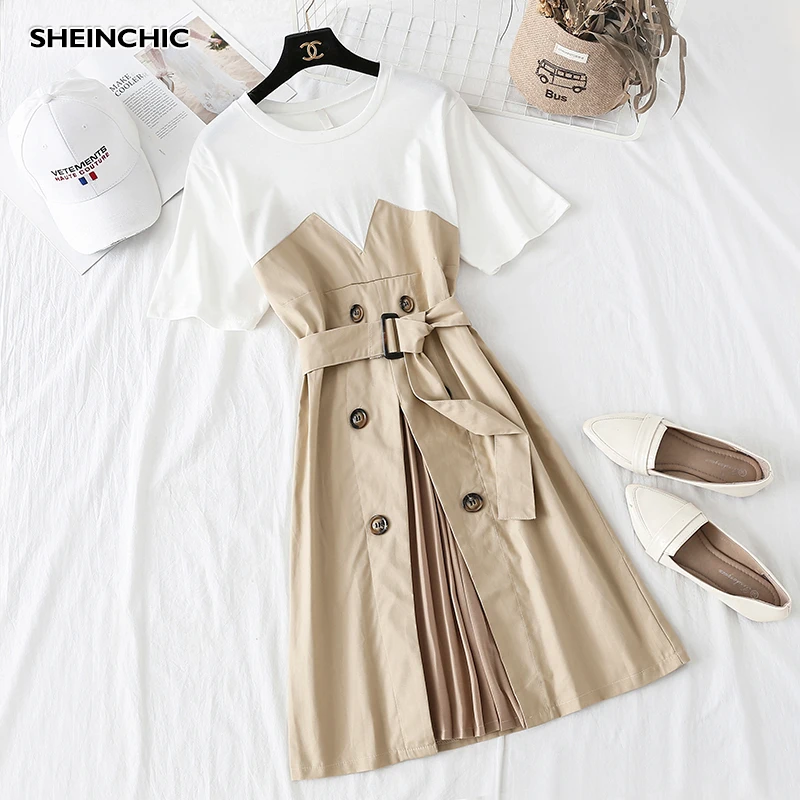 

Office Lady 2019 White Khaki Patchwork Double Button Mini Dress Summer Elegant O Neck Short Sleeve Women Dress Casual OL Vestido
