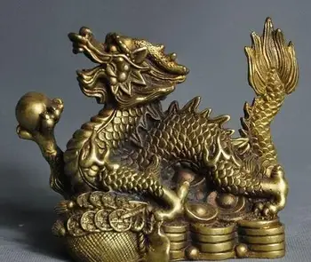 

free shipping 5" old chinese fengshui money coin yuanbao dragon play bead statue