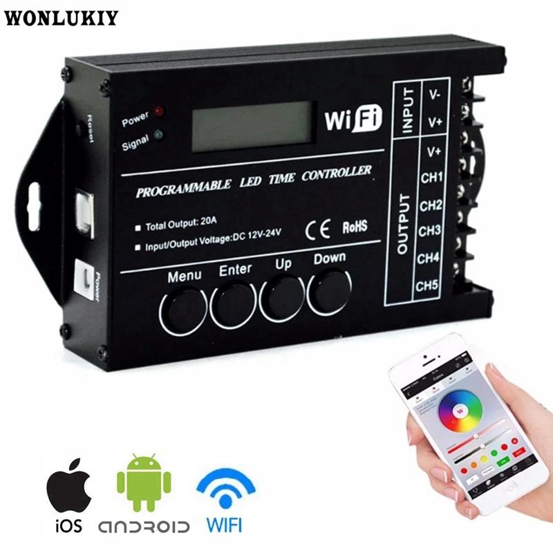 

DC12V / 24V TC421 WiFi Time Programmable Led Controller RGB Aquarium Lighting Timer Input 5 Channels Output 20A for Led Strip