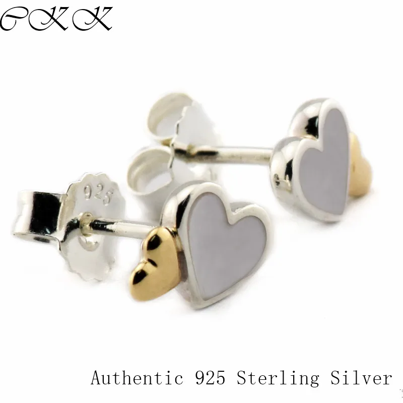 

Authentic 925 Sterling Silver Mother of Pearl Two Tone Stud Earrings With 14k Real Gold Luminous Heart for Women Gift PFE065K