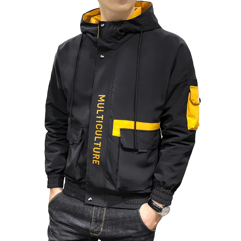 

Drop Shipping 2019 Autumn New Harajuku Color Patchwork Printed Fashion Men Hooded Jacket Casual Windbreaker Outerwear Streetwear
