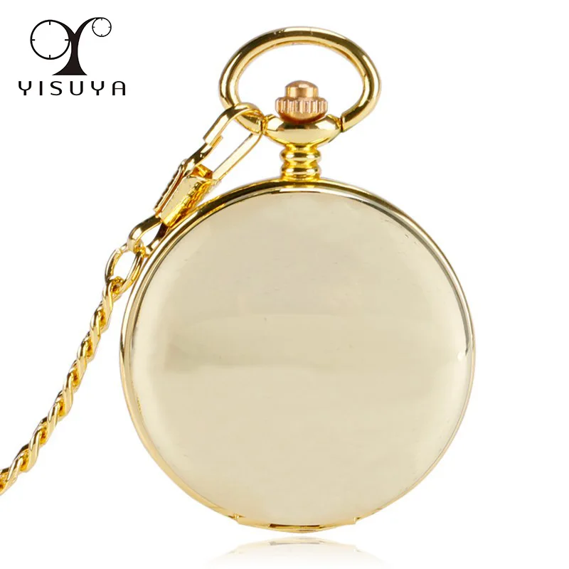 

Luxury Golden Smooth Case Double Hunter Mechanical Pocket Watch Retro Stylish Pendant Roman Numerals Hand Wind Skeleton Watch
