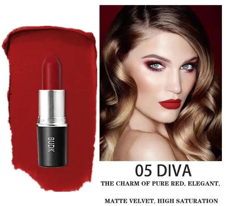 

BUD K 12 Colors Cosmetics Makeup Lip Gloss Long Lasting Waterproof Velvet Gloss Lip Matte Lipstick MYTH DIVA SIN