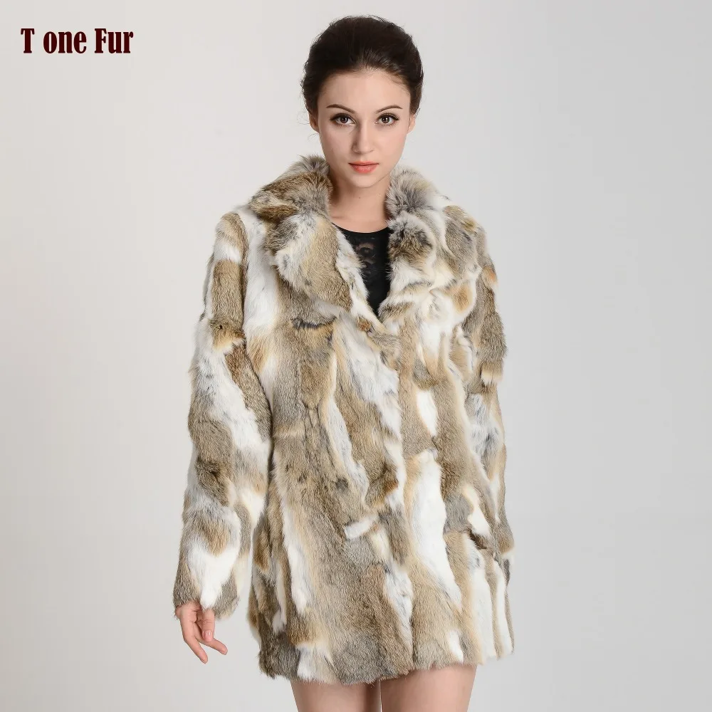 New Arrival Real Rabbit Fur Coat Turn Down Collar Natural Genuine