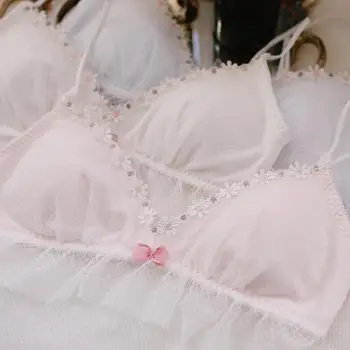 

2018 100% Real Photos Lolita Sexy Cute Kawaii Embroidery Lace Padded Wireless Seamless Bra Panties Set RB309