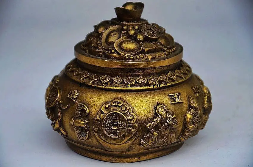

3.54 inch / CHINESE HANDWORK BRASS GILT GOLD CARVED CORNUCOPIA/INCENSE BURNER