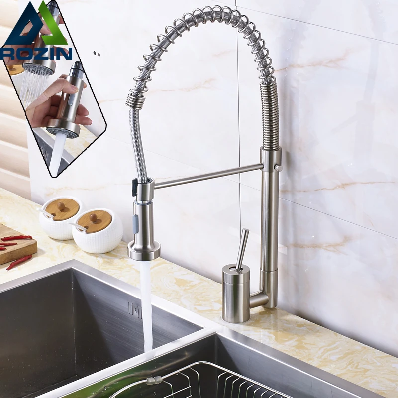 

Good Quality Swivel Single Lever Bathroom Kitchen Faucet Spring Pull Down Sprayer Stream Kitchen Mixer Taps Brushed Nickel