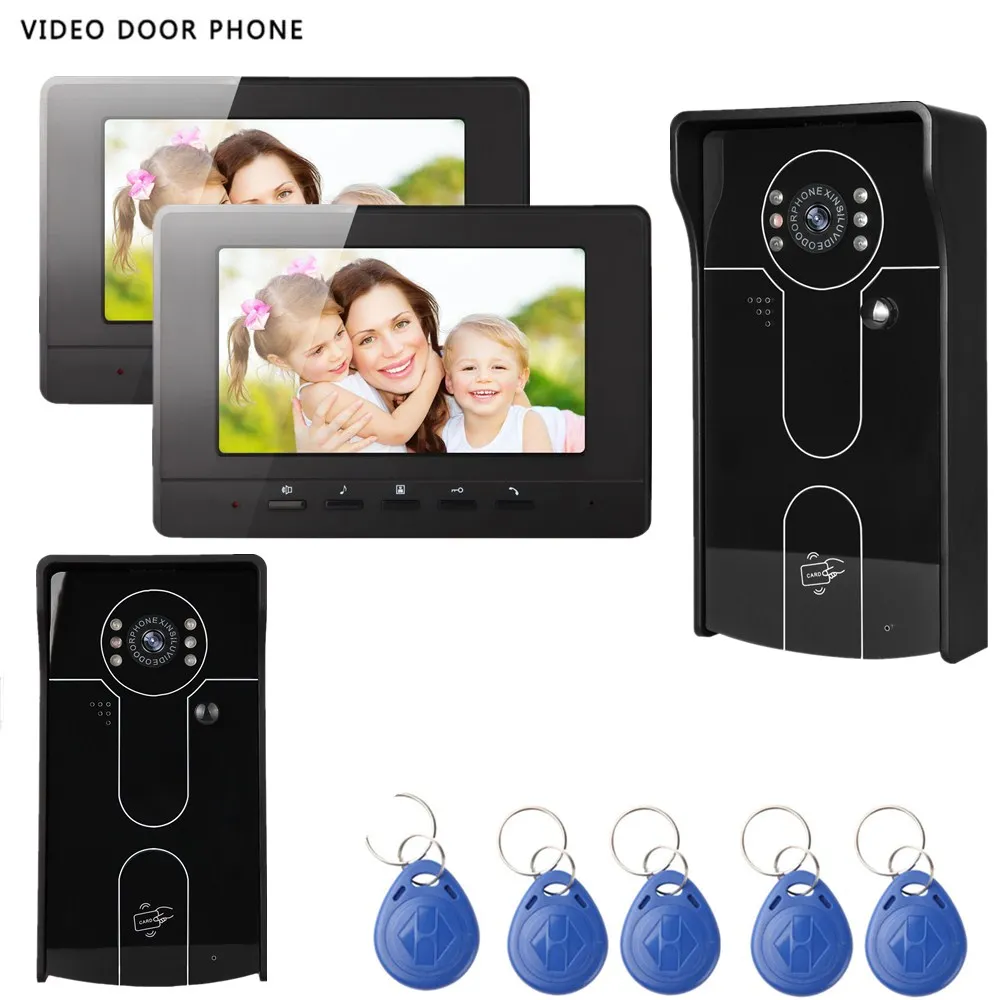 

video door phone intercom system 7inch tft lcd screen night vision RFID 2 outdoor camera 2 monitors video door phone for villa