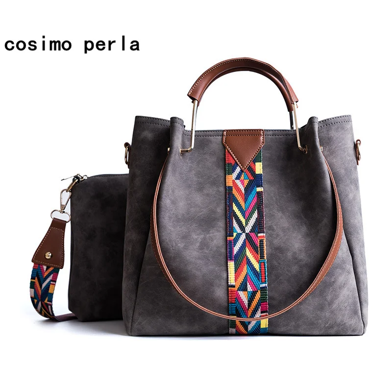

European Amercia Style Female Handbags Colorful Strap Bags Set Matte Leather Causal Totes Shoulder Crossbody Bag 2 pc Sac a main