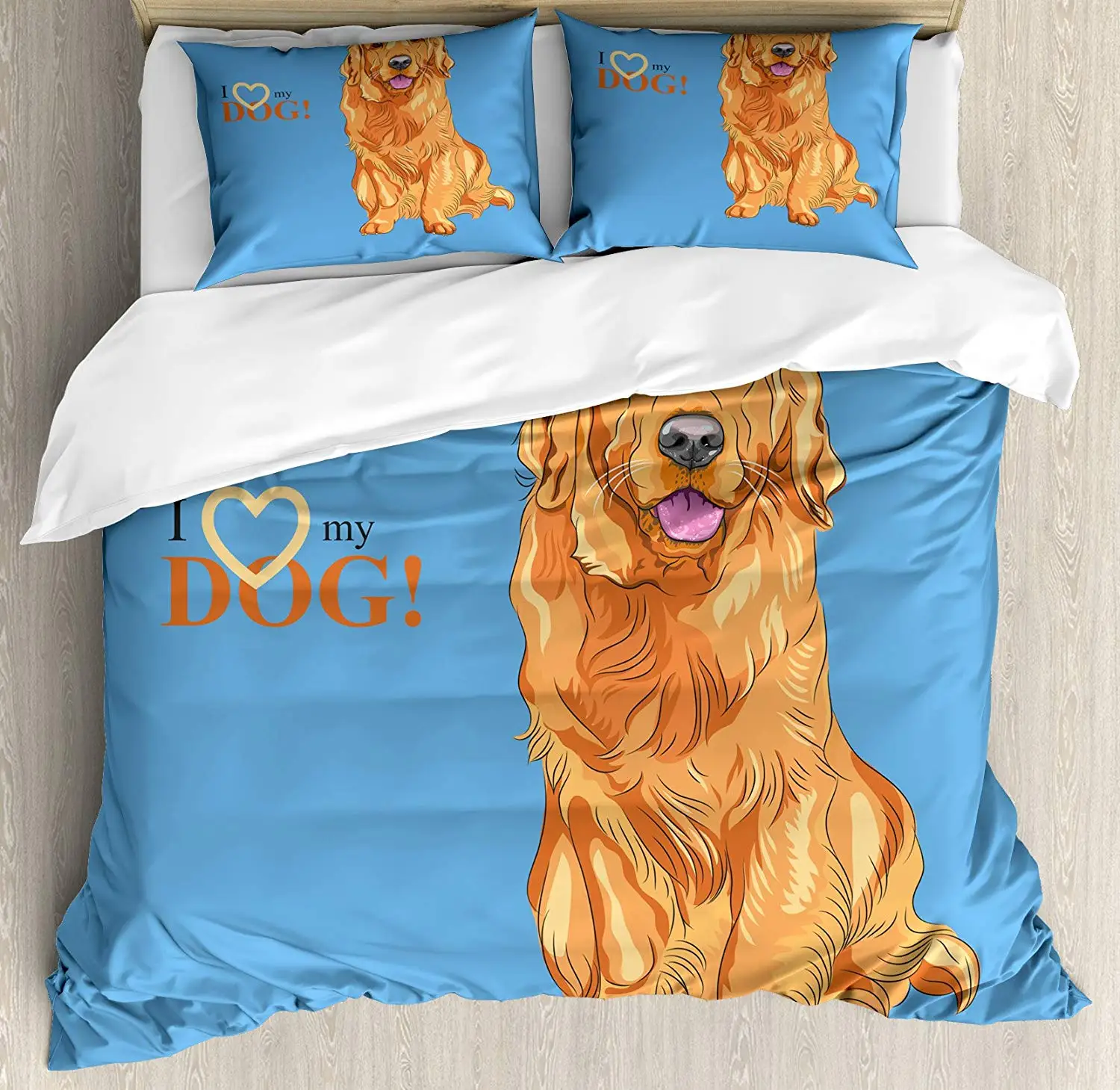 

Golden Retriever Queen Size Duvet Cover Set Smiling Cute Dog Cartoon Style I Heart My Pet Theme for Animal Lovers Bedding Set
