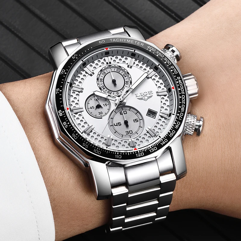 

LIGE Fashion Sports Watch Men Full Steel Waterproof Chronograph Quartz Mens Watches Top Brand Luxury Clock Relogio Masculino+Box