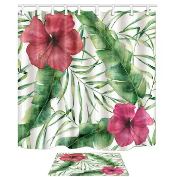 

Hibiscus Decor Watercolor Floral Flowers in Tropical Banana Leaves Mildew Shower Curtain Suit With Floor Doormat Bath Rugs
