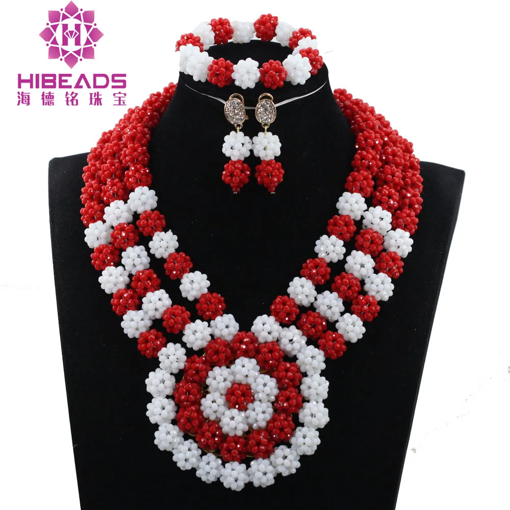 Big Flower 2017 Chunky Fabulous Red and White Crystal Bead Jewelry Set Wedding Bib Indian Bridal Statement Necklace Set ABH393
