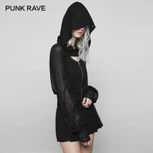 Панк рейв Темный сексуальный v-образный вырез с длинным рукавом свободный крой короткое пальто женское панк прозрачное шифоновое пальто с капюшоном верхняя одежда