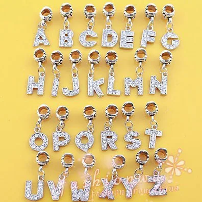 Beads Fit pandora Bracelet Bangles Alloy Bead Charm letter of the alphabet With Crystal Pendant in DIY Jewelry Free Shipping B8