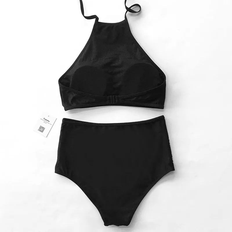 CUPSHE Black Floral Halter Bikini Set Women Sexy Backless Tank High Waist Two Pieces Swimwear 2020 Girl Bathing Suits Swimsuits