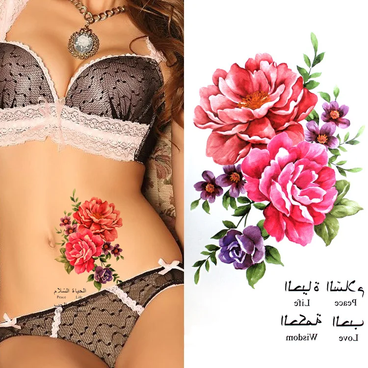 

Colorful big peony flower Body Art Waterproof fake tattoo For Woman Flash TemporaryTattoo Stickers 10*20CM KD1017