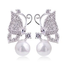OMH купить 5 пар OFF20% серебристого, золотистого цвета 18KT из белого золота с австрийскими кристаллами модная бабочка с свадебные жемчужные серьги-гвоздики с EH185