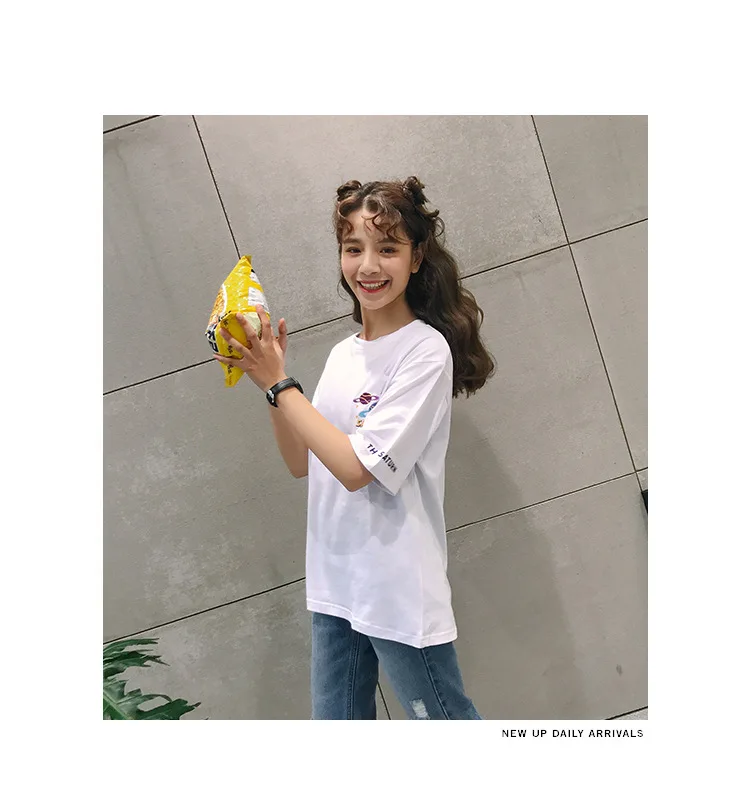 2018 Halajuku Cotton Planet Printed Letter Embroidered Loose Causal Short Sleeve Female T-shirts