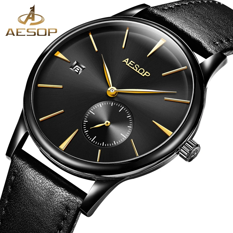 

AESOP Simple Mechanical Watch Men Automatic Sapphire Crystal Thin Leather Band Wrist Wristwatch Male Clock Relogio Masculino 27